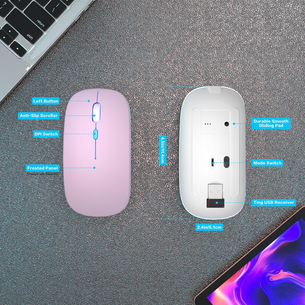 Wireless Bluetooth Mouse, Rechargeable, Dual Mode Bluetooth 5.2 & 2.4G USB, LED Lights, Slim, Silent, Portable Computer Mouse for Laptop, PC, Macbook, Ipad, Tablet (Pink)