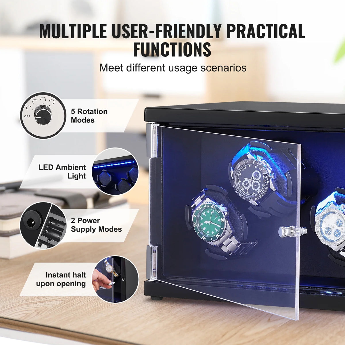 Watch Winder for 4 Automatic Watches with 2 Quiet Japanese Mabuchi Motors