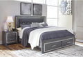 Signature Design by Ashley Lodanna Contemporary Faux Leather Upholstered Tufted King Panel Platform Bed with 2 Storage Drawers and LED Lights, Foundation or Box Spring Not Needed, Gray