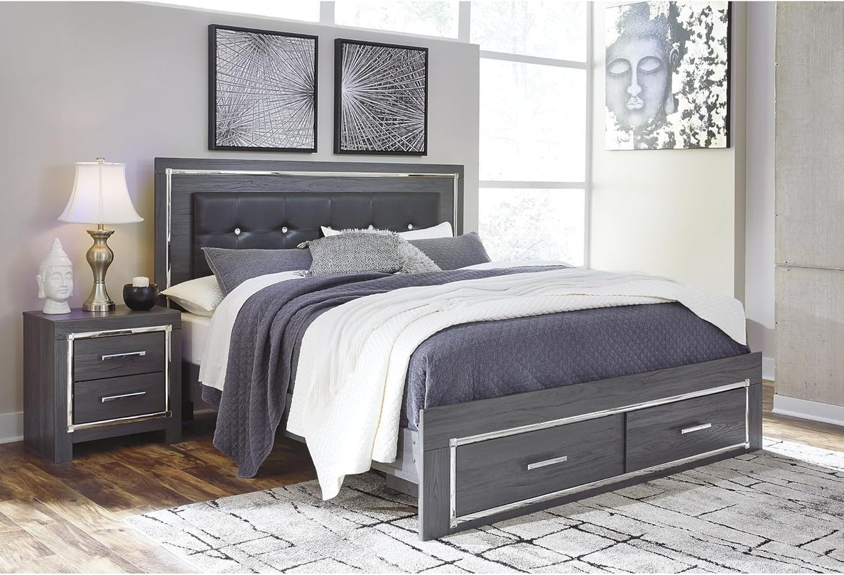 Signature Design by Ashley Lodanna Contemporary Faux Leather Upholstered Tufted King Panel Platform Bed with 2 Storage Drawers and LED Lights, Foundation or Box Spring Not Needed, Gray