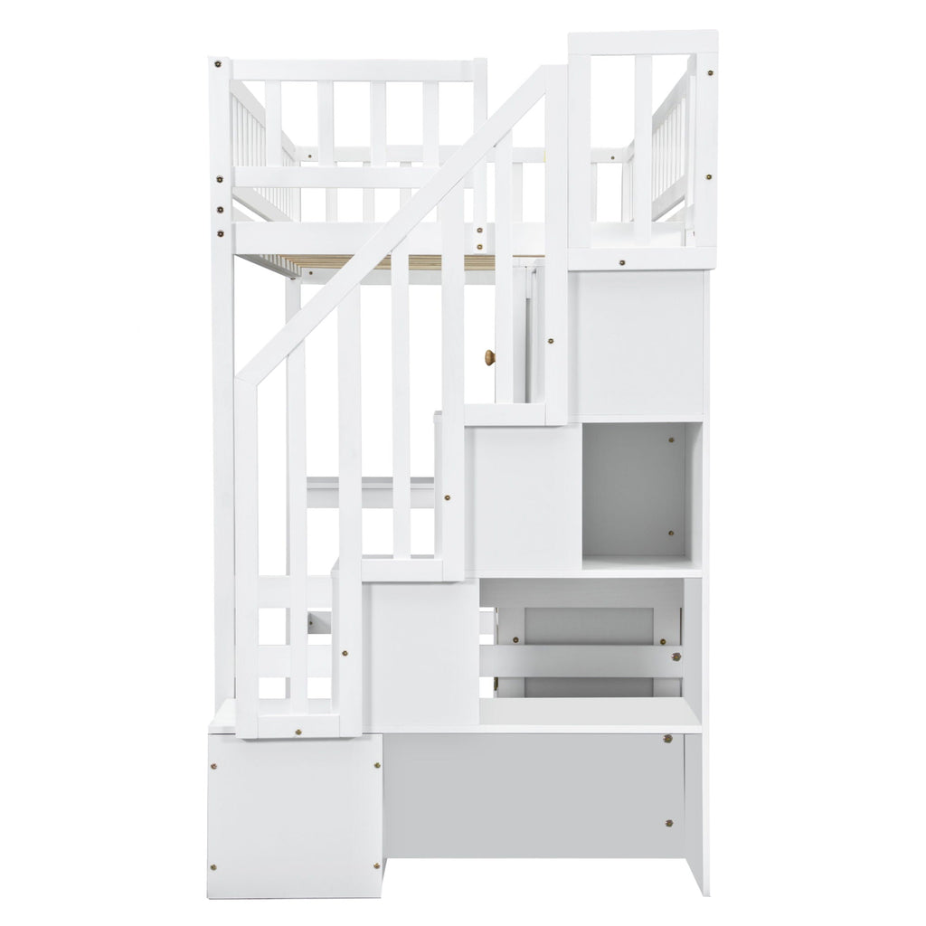 Loft Bed With Built In L Shaped Desk, LED Lights, Storage Shelves, Cabinets, And Staircase