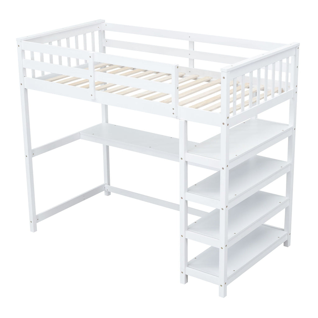 Loft Bed With Storage Shelves And Under Bed Desk