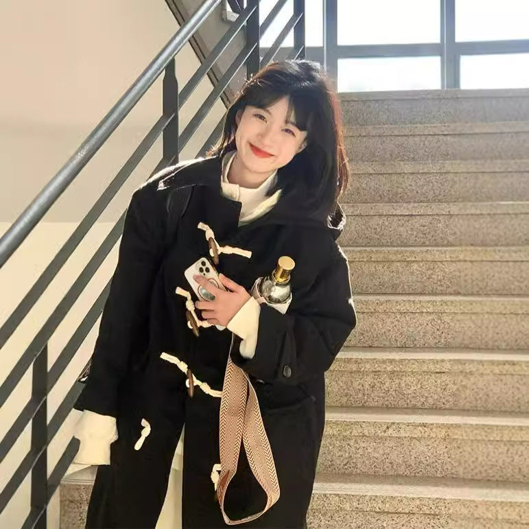 Long Black Toggle Button Wool Coat Women's Woolen Coat