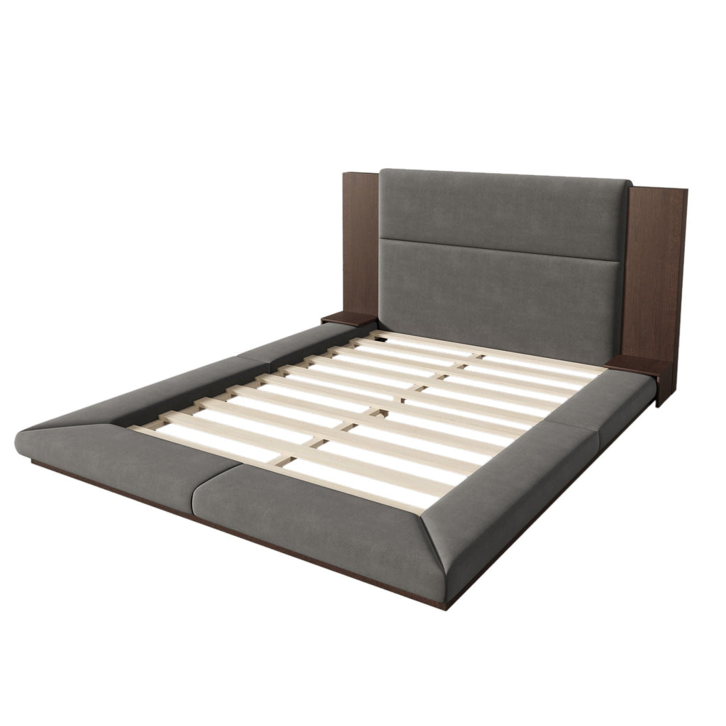 Floor Upholstered Platform Bed With Extended Headboard & Bedside Shelf
