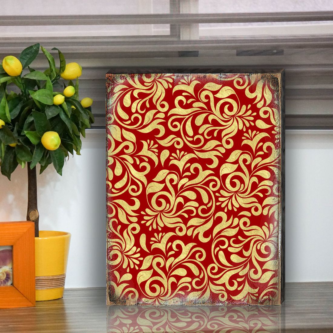 Red and Gold Floral Rustic Wooden Wall Art by G. DeBrekht - Floral Ornamental Decor - 95006B