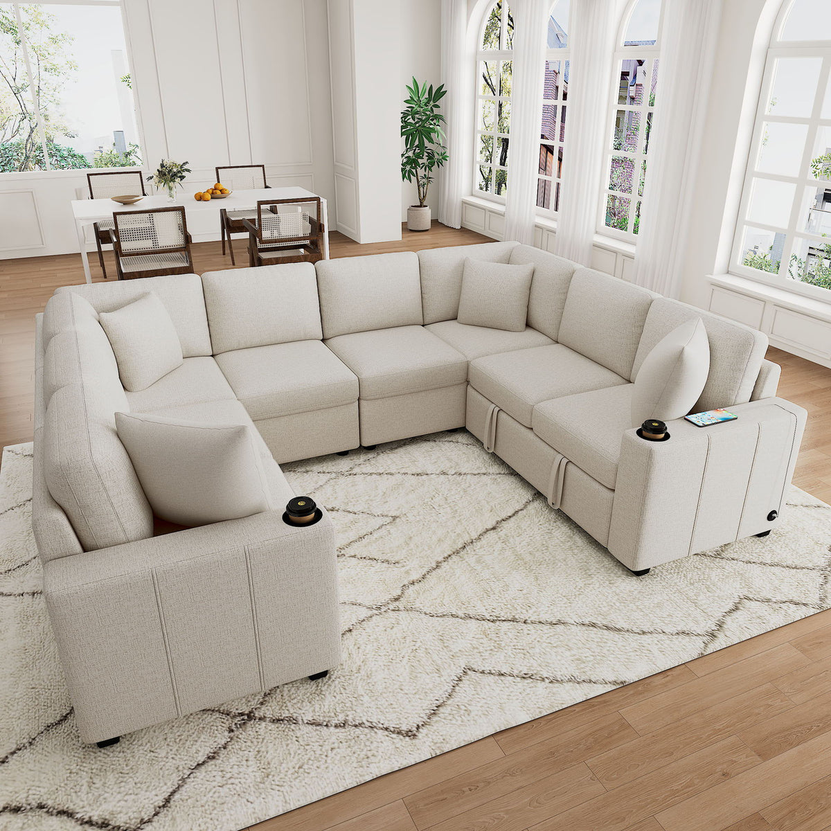 Modern U-Shaped Sectional Sofa Convertible Pull-Out Sofa Bed With USB Ports And Cup Holders