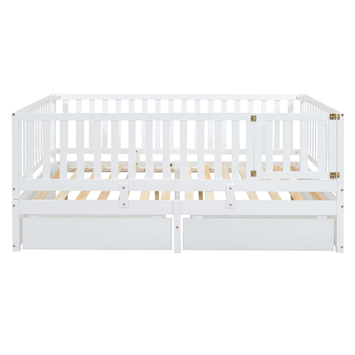 Daybed With Fence Guardrails And 2 Drawers, Split Into Independent Floor Bed & Daybed