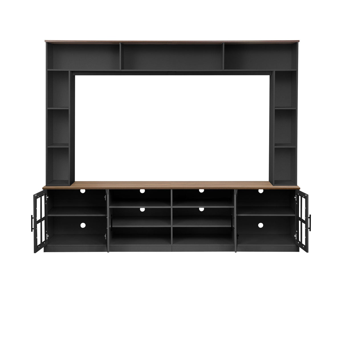 Wall Unit Entertainment Center With Bookshelves For TVs Up To 80", Tempered Glass Doors And Adjustable Shelves