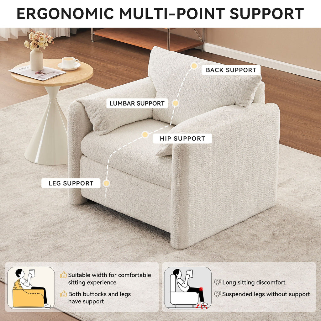 Fixed Modern Accent Chair Single Seater Plush Chenille Lounge Chair With High Resilience Cushion - Ivory White