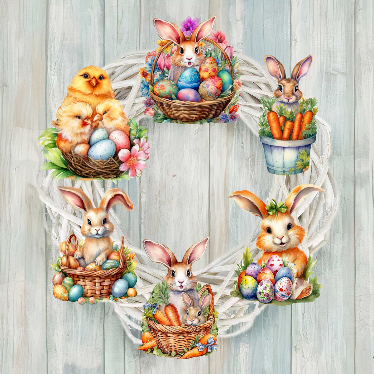 Eggs and Bunnies Clip-On Eco Wood Decorative Ornaments Set of 6 by G. Debrekht - Easter Decor - 8090057C-S6