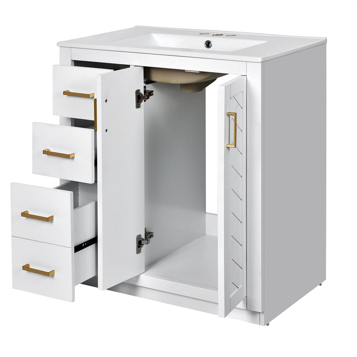 Ceramic Sink Combo, Freestanding Vanity Set With 3 Drawers & Soft Closing Doors