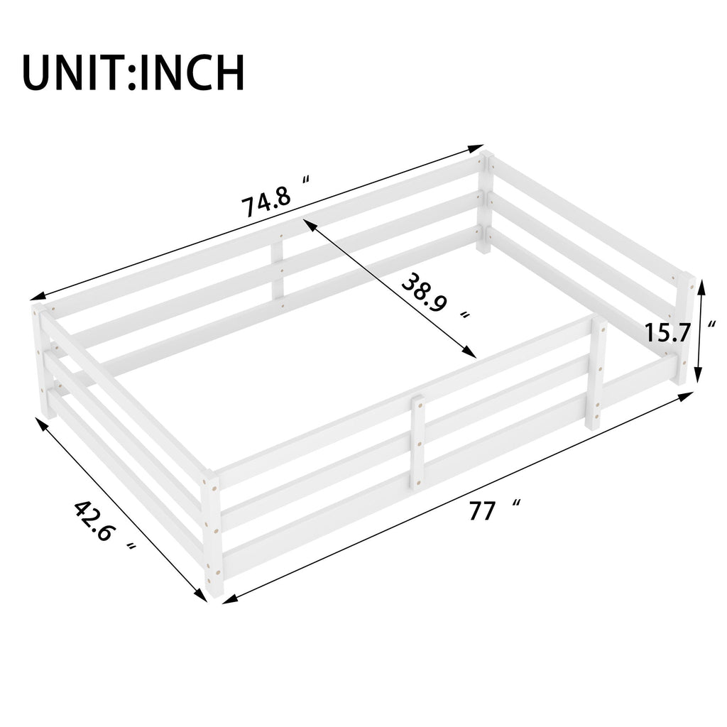 Twin Size Montessori Floor Bed With Fence - White