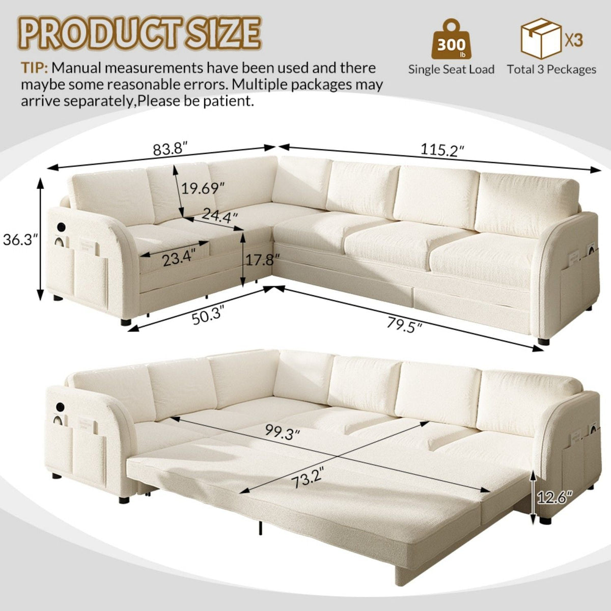 L-Shaped Couch With Pull-Out Bed, Convertible Sleeper Sofa With Side Pocket & USB Port
