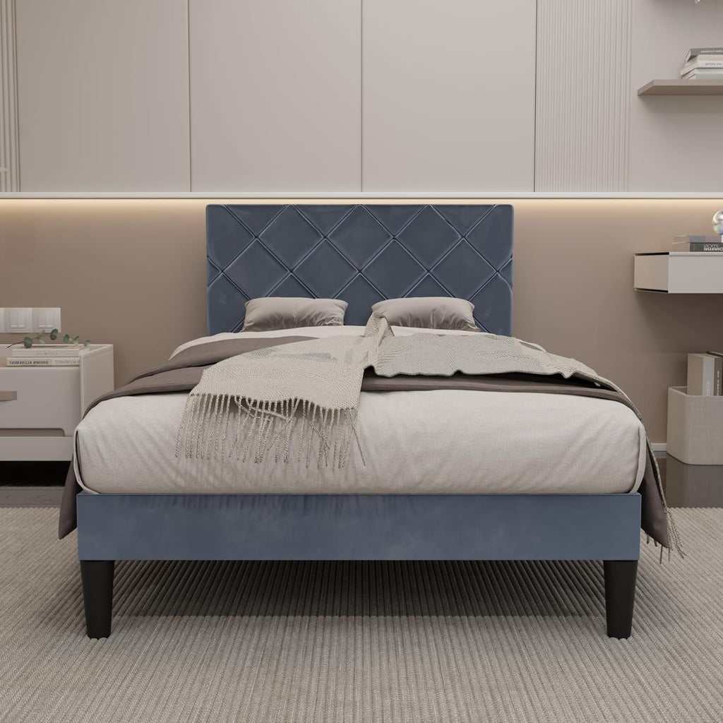 Twin Bed Frames with Adjustable Headboard, Velvet Upholstered Platform Bed, Twin Size Bed Frames with Strong Metal Slat Support,Mattress Foundation, No Box Spring Needed,Easy Assembly Gary