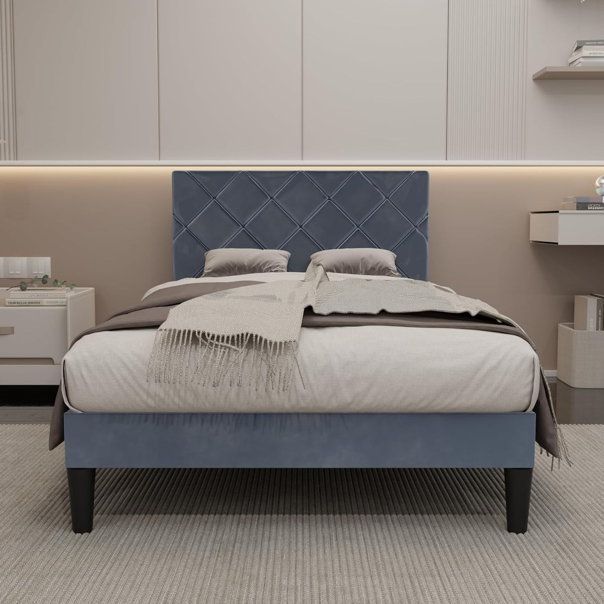 Twin Bed Frames with Adjustable Headboard, Velvet Upholstered Platform Bed, Twin Size Bed Frames with Strong Metal Slat Support,Mattress Foundation, No Box Spring Needed,Easy Assembly Gary