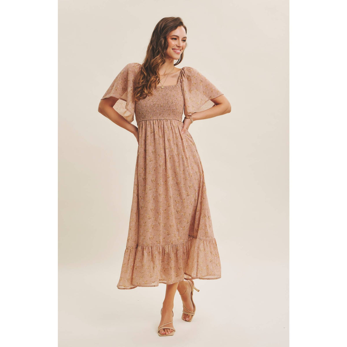 Ariana Square Neck Floral Chiffon Smocked Midi Dress
