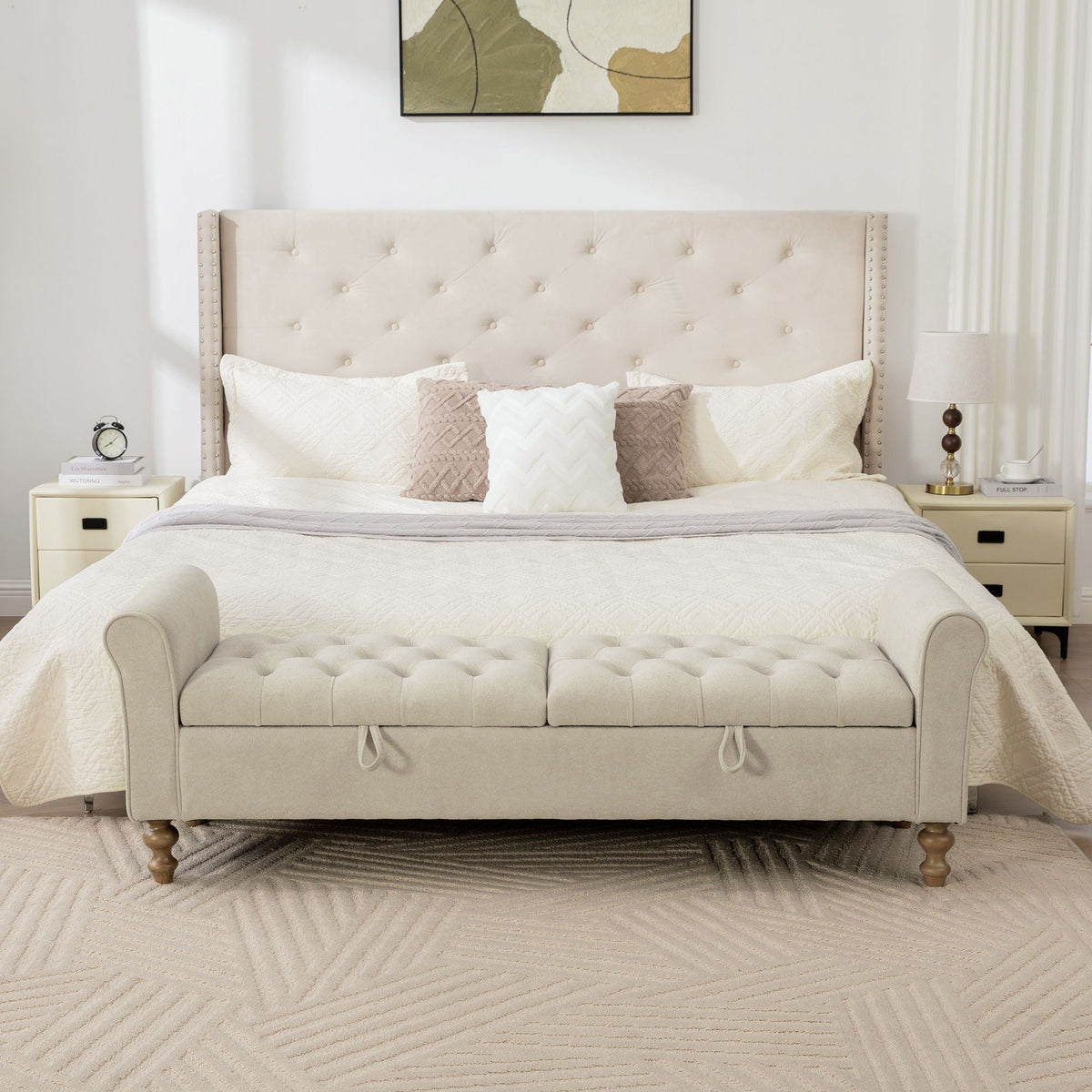 Napped Storage Bench With Rolled Armrest - Griege