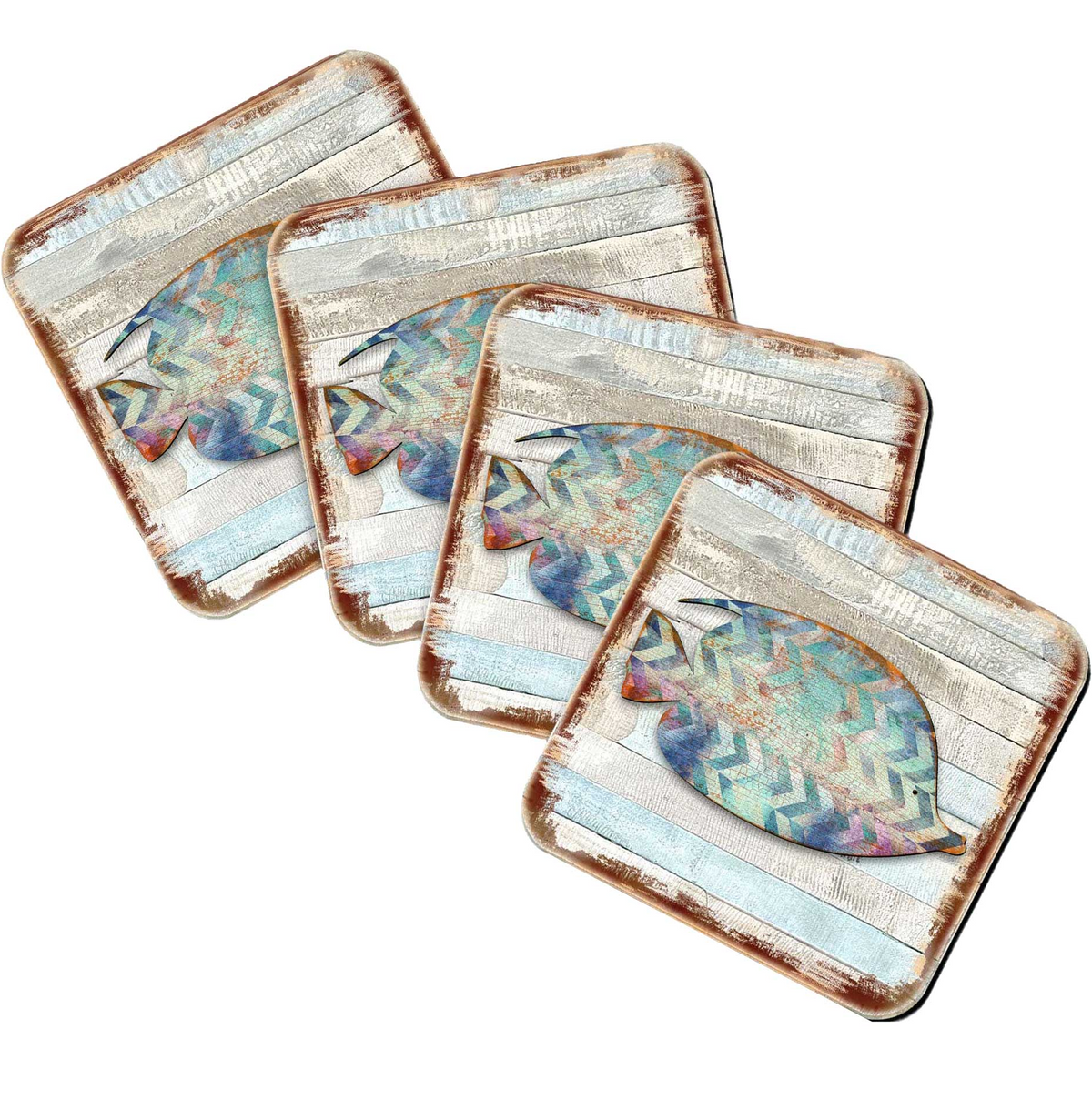 Tropical Fish Coastal Wooden Cork Coasters Gift Set of 4 by Nature Wonders - Coastal Sea-Life Decor - 8198527-2-9C-S4
