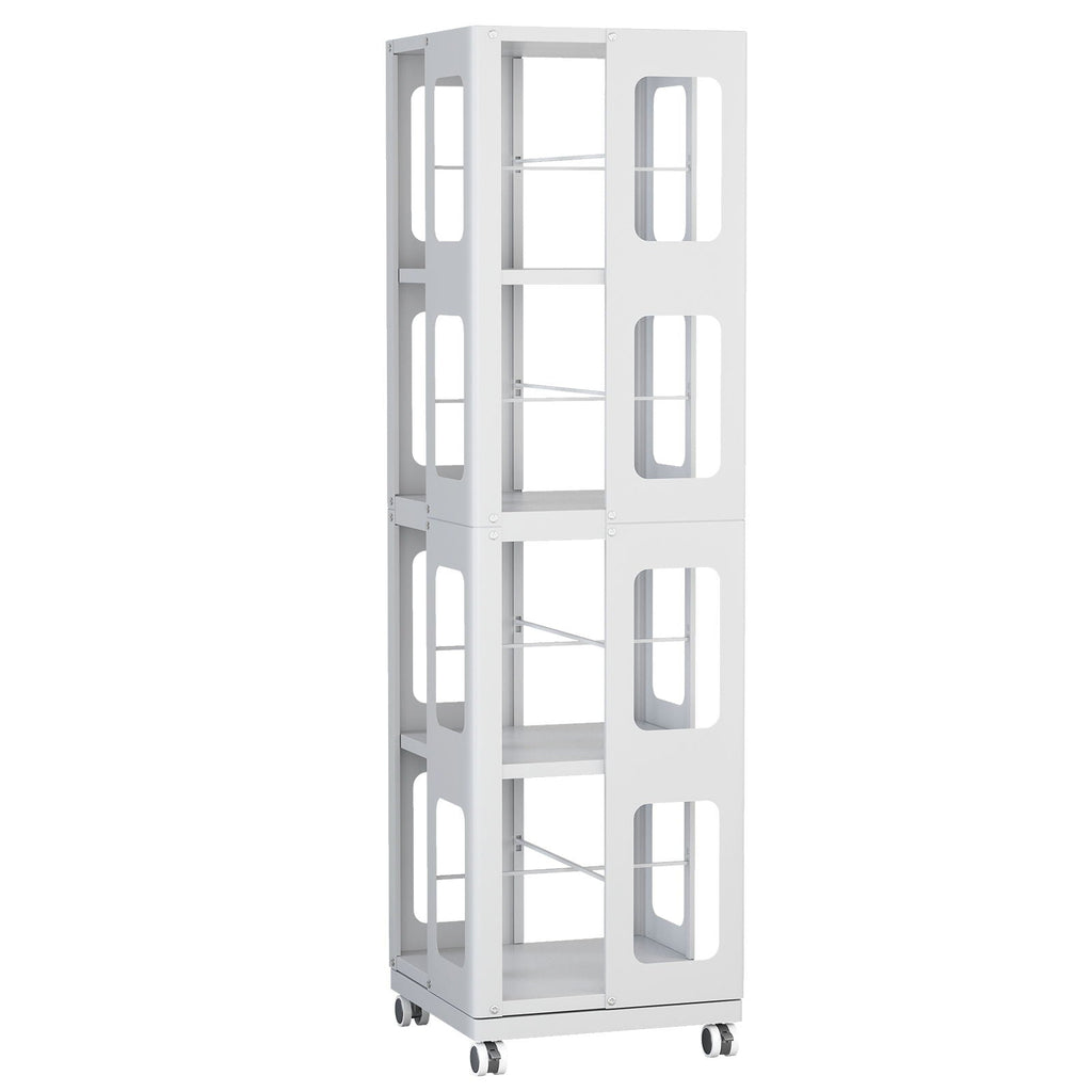4 Tier All Steel Rotating Bookshelf With 360° Wheels, Large Size Sturdy & Spacious Book Rack, New Style Bookshelf - White