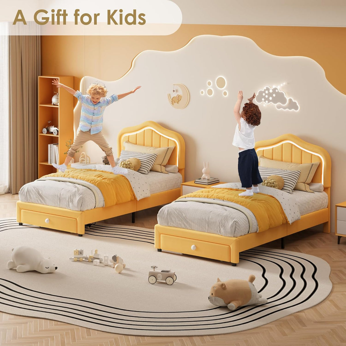 Twin Upholstered Bed Frame with Storage Drawer and Smart Led Headboard, Twin Size Platform Bed Frames for Kids, Wooden Slats Support, No Box Spring Needed, Easy Assembly, Yellow