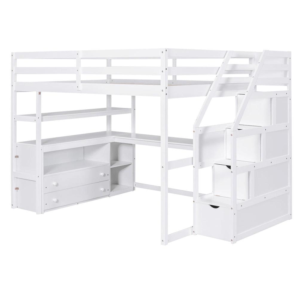 Loft Bed With Desk, Shelves, 2 Drawers, Storage Staircase