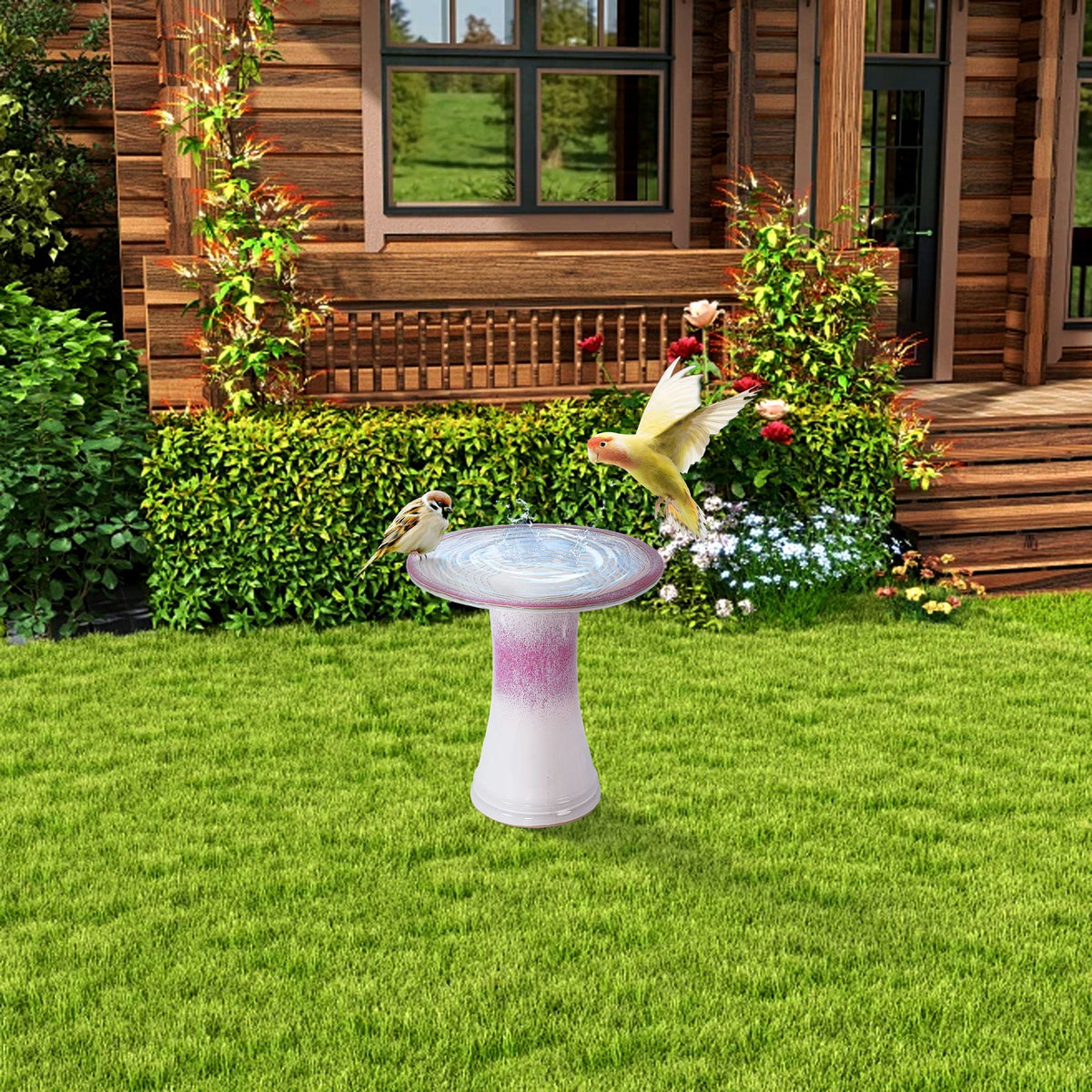 Birdbath For Patio, Garden - White / Pink