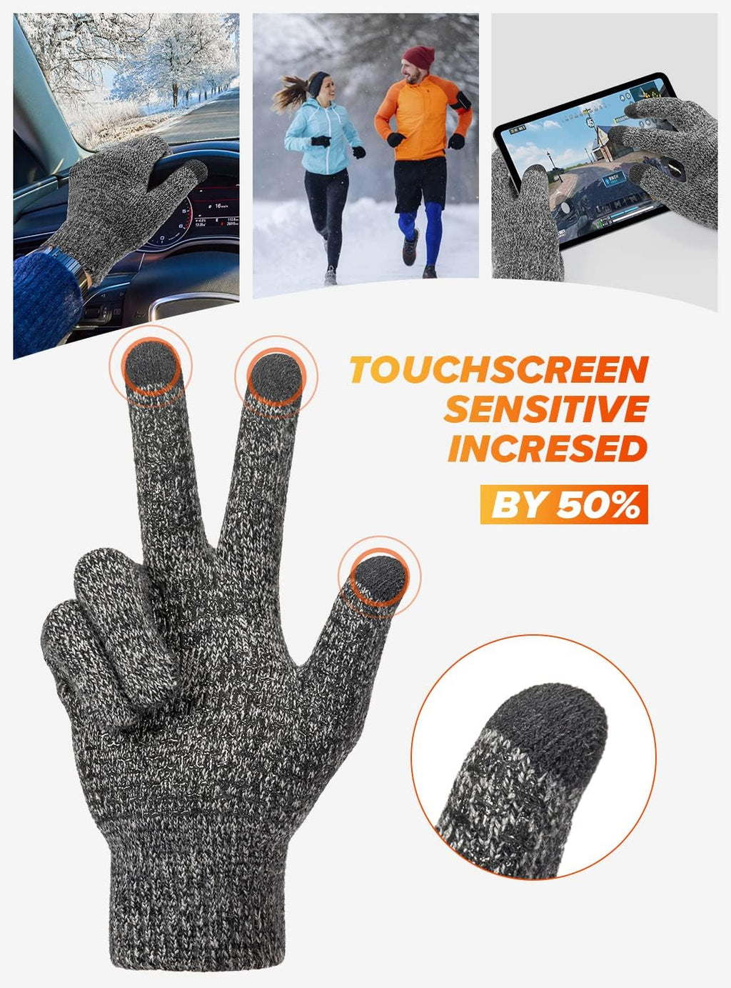 Merino Wool Winter Gloves for Men Women, Cold Weather Warm Touchscreen Unisex, Non-Slip, Knit Elastic Cuff
