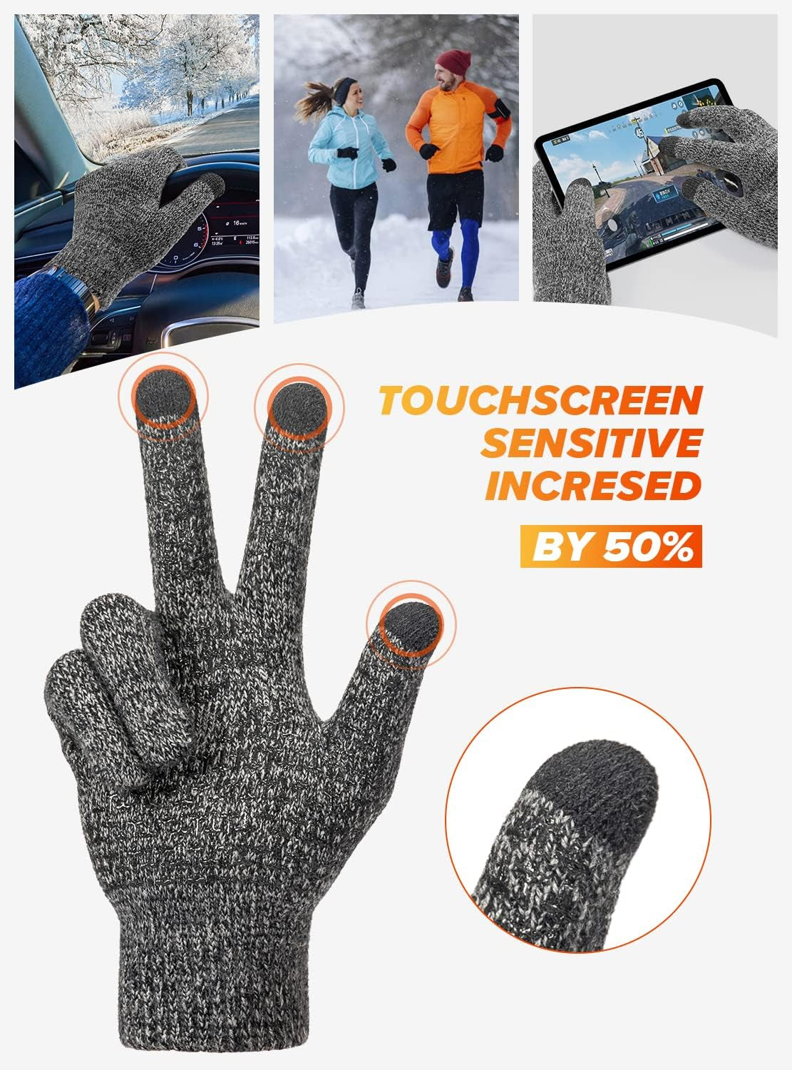 Merino Wool Winter Gloves for Men Women, Cold Weather Warm Touchscreen Unisex, Non-Slip, Knit Elastic Cuff