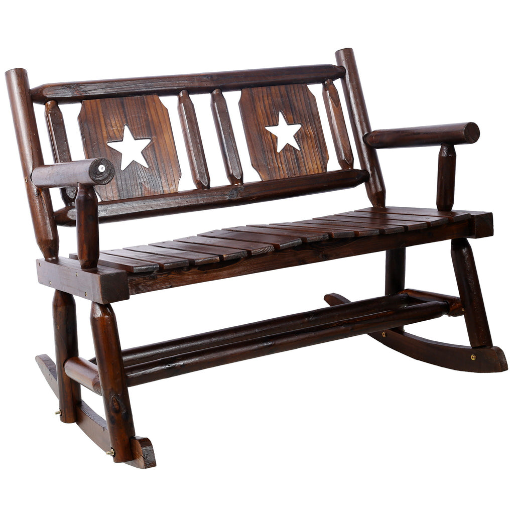 Rustic Outdoor Wood Rocking Bench Double Rocking Chair For 2 Persons With Curved Seat, Porch Rocker - Brown