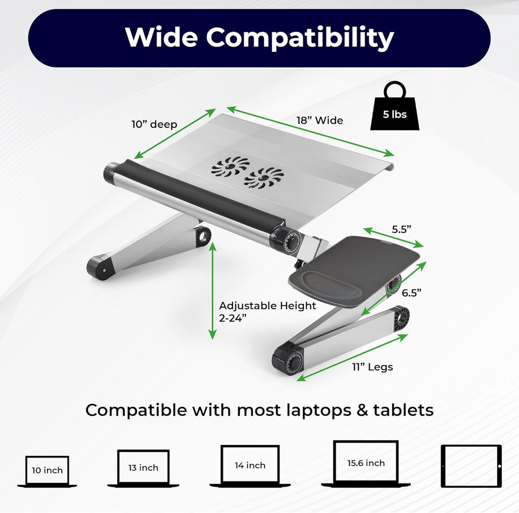 Workez Cooling Adjustable Laptop Stand for Desk W/Fan USB Ports Mouse Pad Ergonomic Foldable Laptop Stand Riser Portable Computer Holder, Silver
