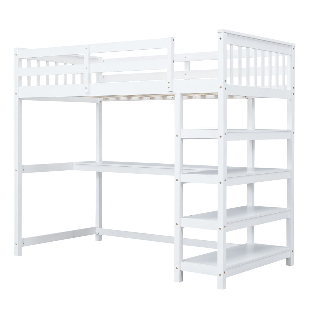 Loft Bed With Storage Shelves And Under Bed Desk