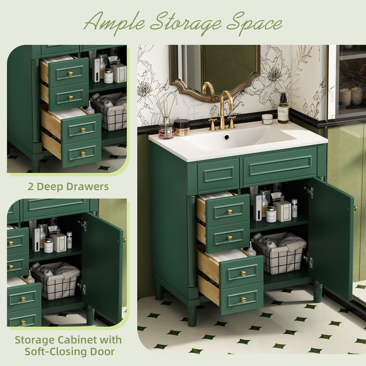 Bathroom Vanity With Sink, Freestanding Storage Cabinet & 2 Drawers And Soft Closing Door, Solid Legs, Frame, Basin,