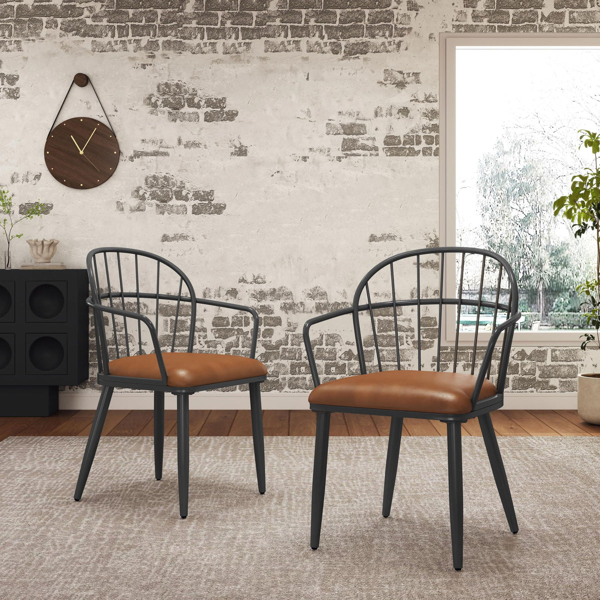 Industrial Inspired Upholstered Dining Chair Set With Metal Legs (Set of 2) - Brown