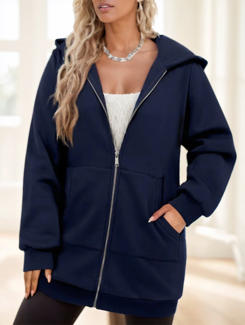 Women's Long Zip-Up Hoodie – Casual Relaxed Fit Sweatshirt