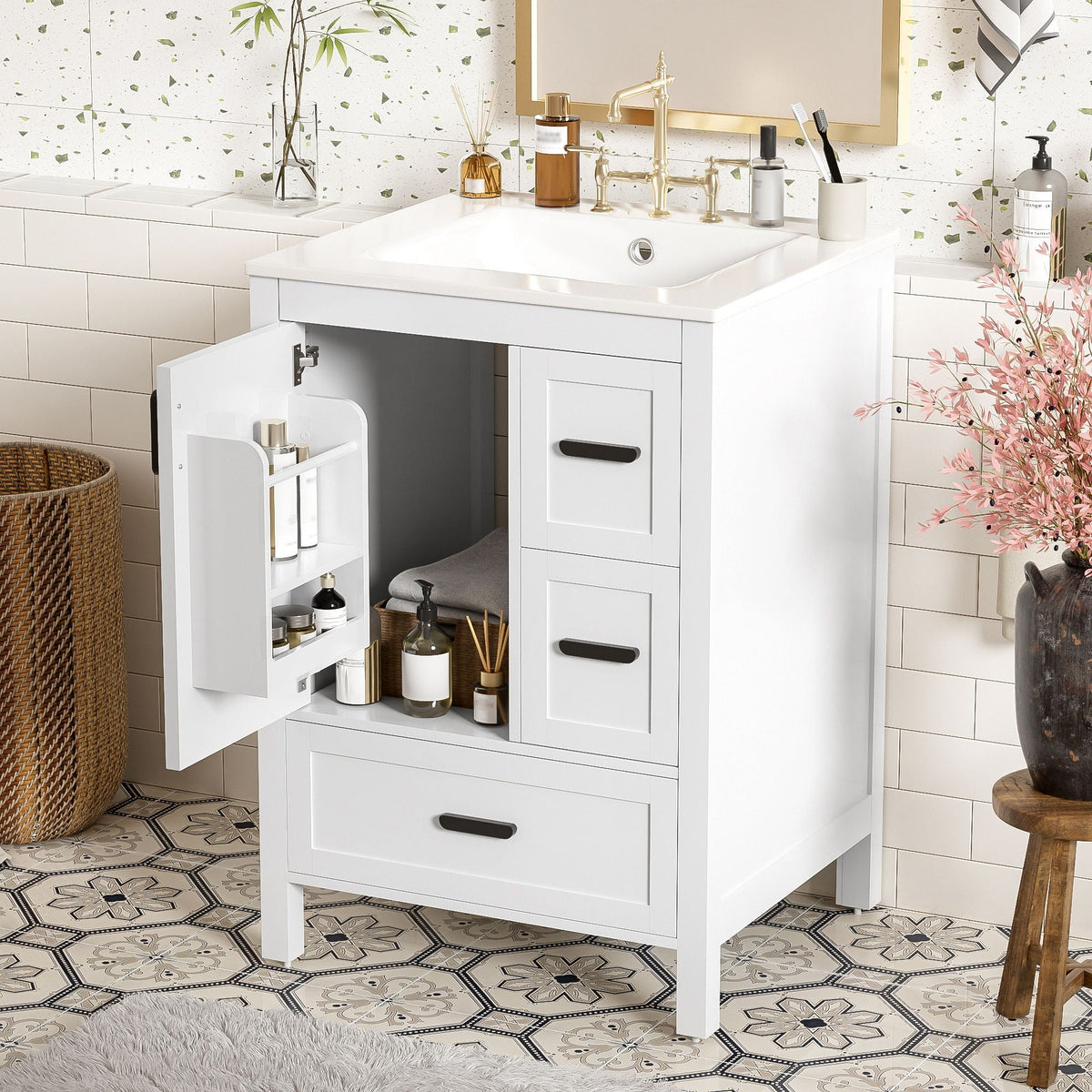 Bathroom Vanity With Sink, Soft-Close Doors, Double-Layer Shelf And 3 Drawers