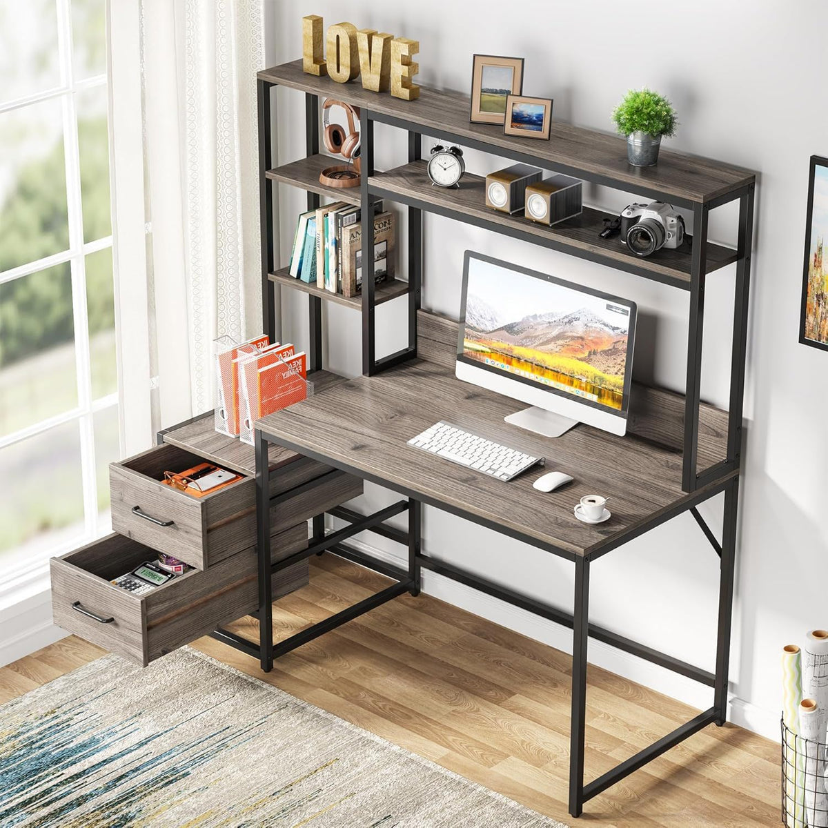 Computer Desk With Hutch, 2 Drawers & Open Shelves
