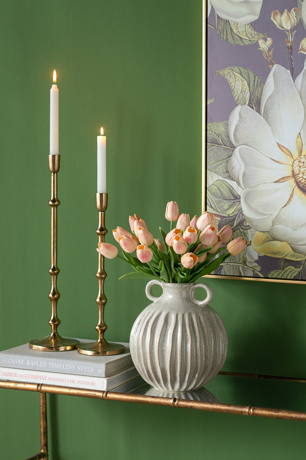 9x9x10' Decorative Round Ceramic Flower Vase with Small Handles and Textured Motif, Gold