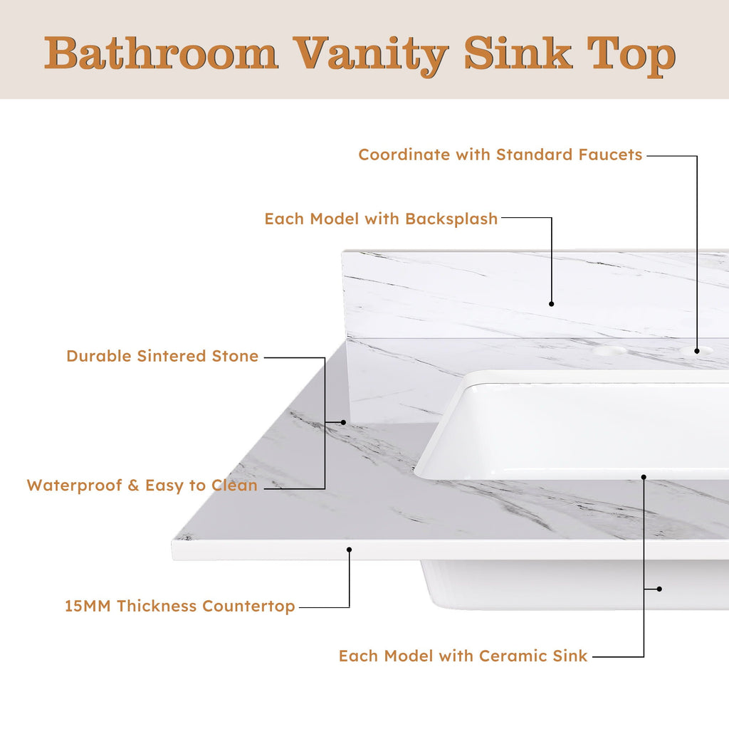 Bianco Carrara Venato Elegant Marble Vanity Top, Bathroom Vanity With Undermount Sink, Sintered Stone