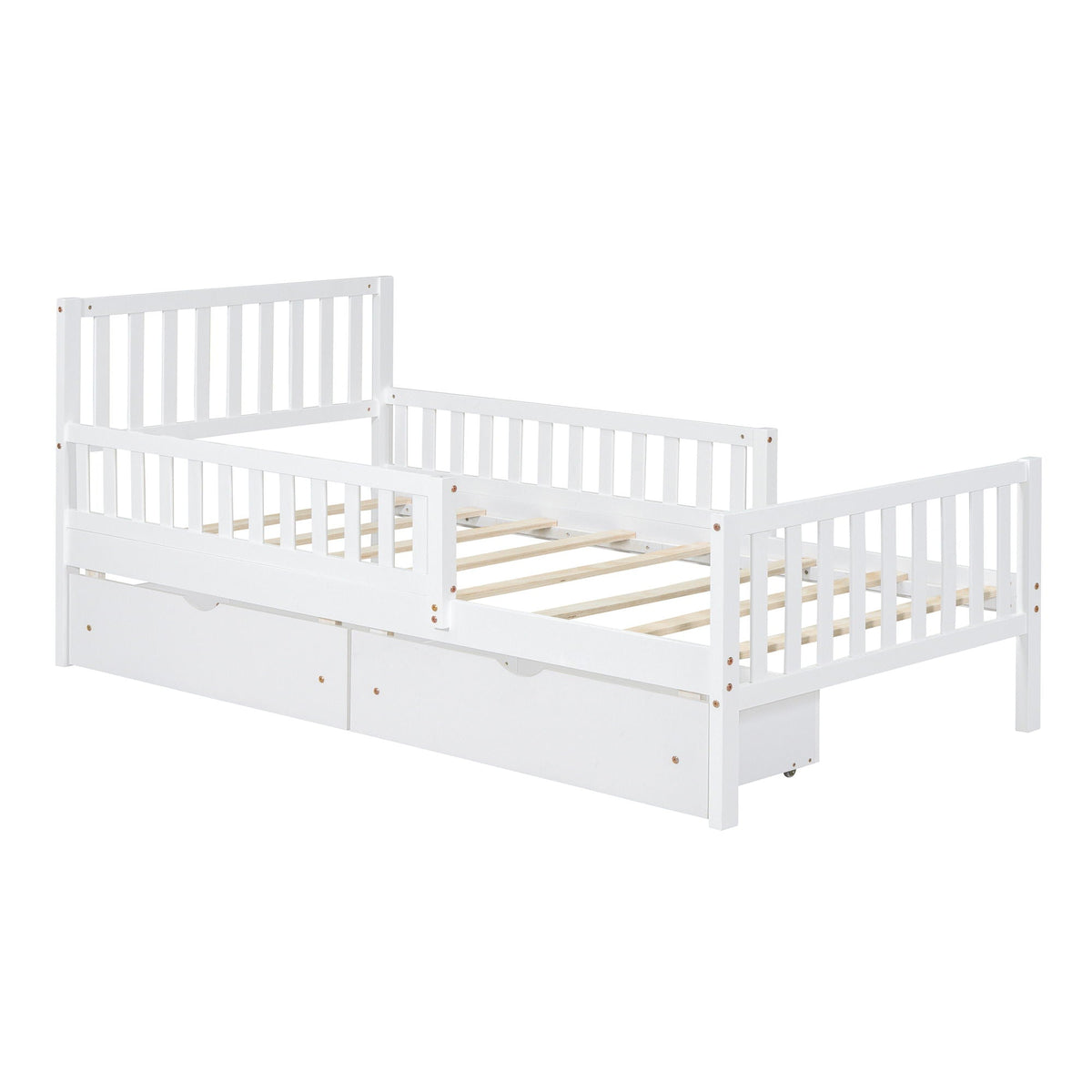 Platform Bed With Guardrails On Both Sides And 2 Storage Drawers