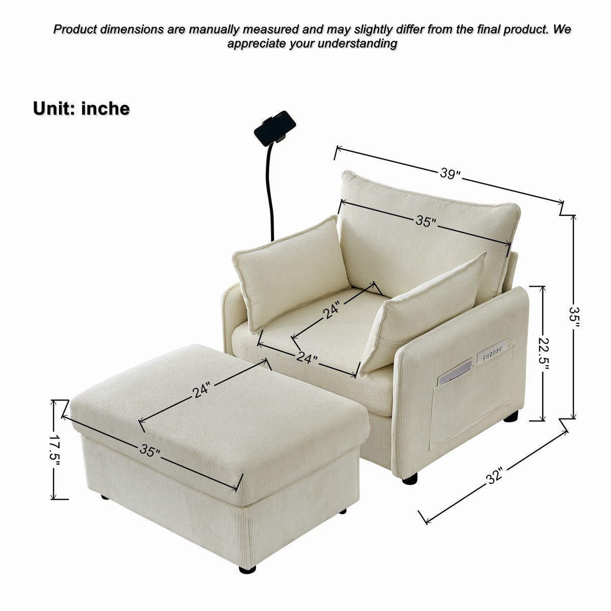 Comfy Oversized Chaise Lounge Chair With Ottoman And Storage