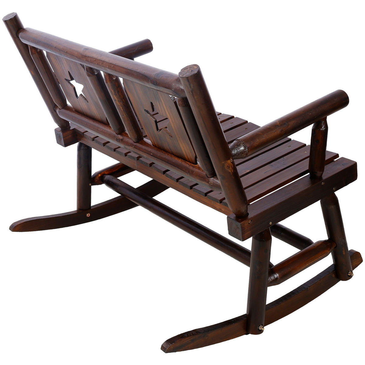 Rustic Outdoor Wood Rocking Bench Double Rocking Chair For 2 Persons With Curved Seat, Porch Rocker - Brown