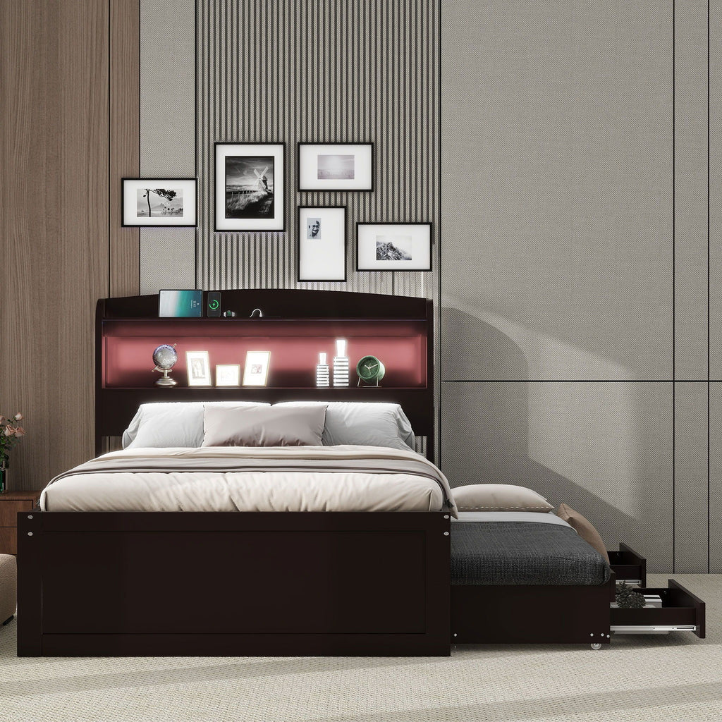 Platform Bed With LED Headboard, Charging Station, Trundle And 2 Drawers