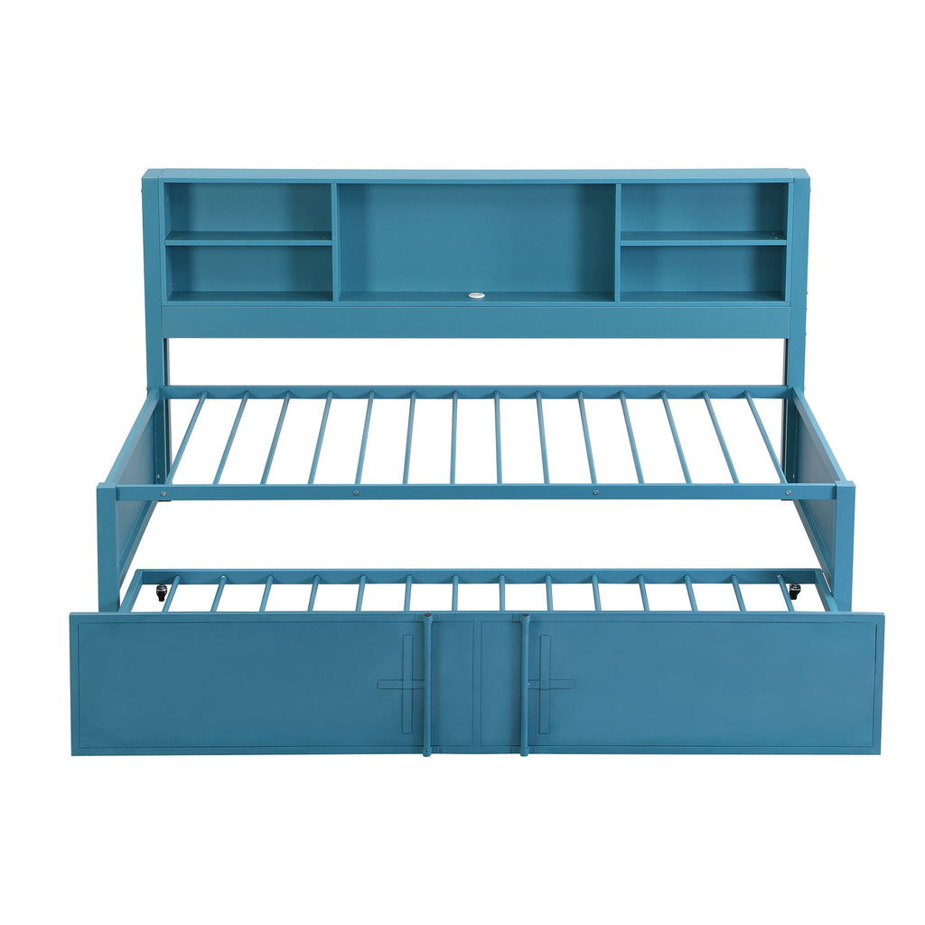 Industrial Metal Daybed With Trundle, Storage Shelves, USB Ports