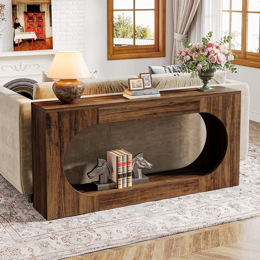 Narrow 2 Tier Console Table With Scalloped Edge For Living Hallway - Brown