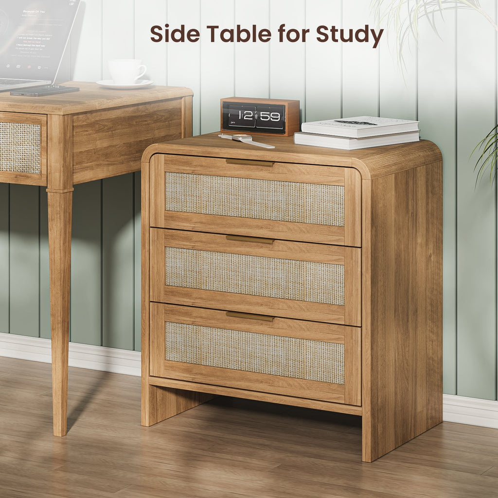 Rattan Nightstand Set of 2 with 3 Drawers in Caramel Oak
