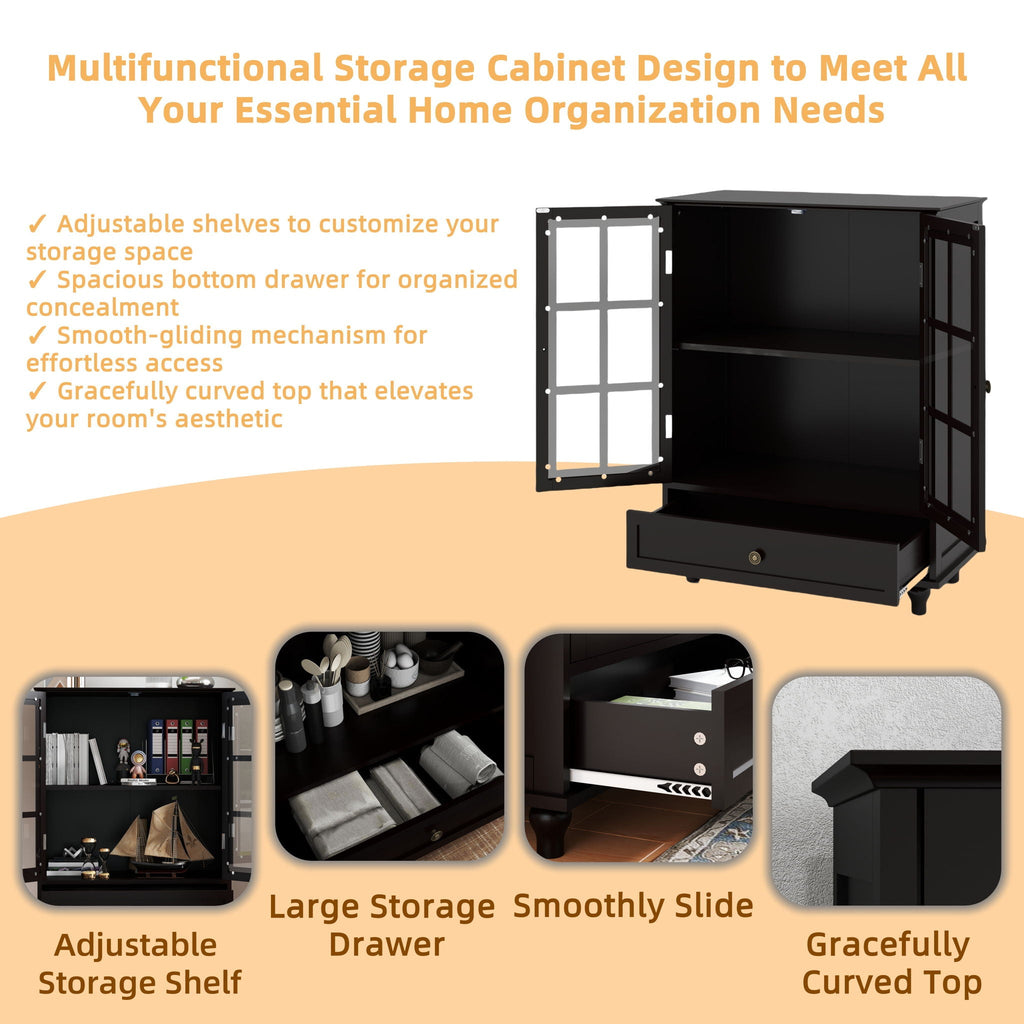 Minimalist Buffet Cabinet With Double Glass Doors And Drawer
