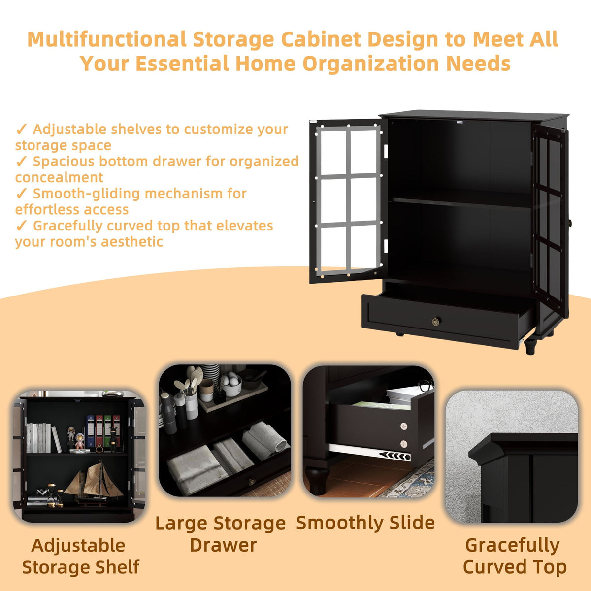 Minimalist Buffet Cabinet With Double Glass Doors And Drawer