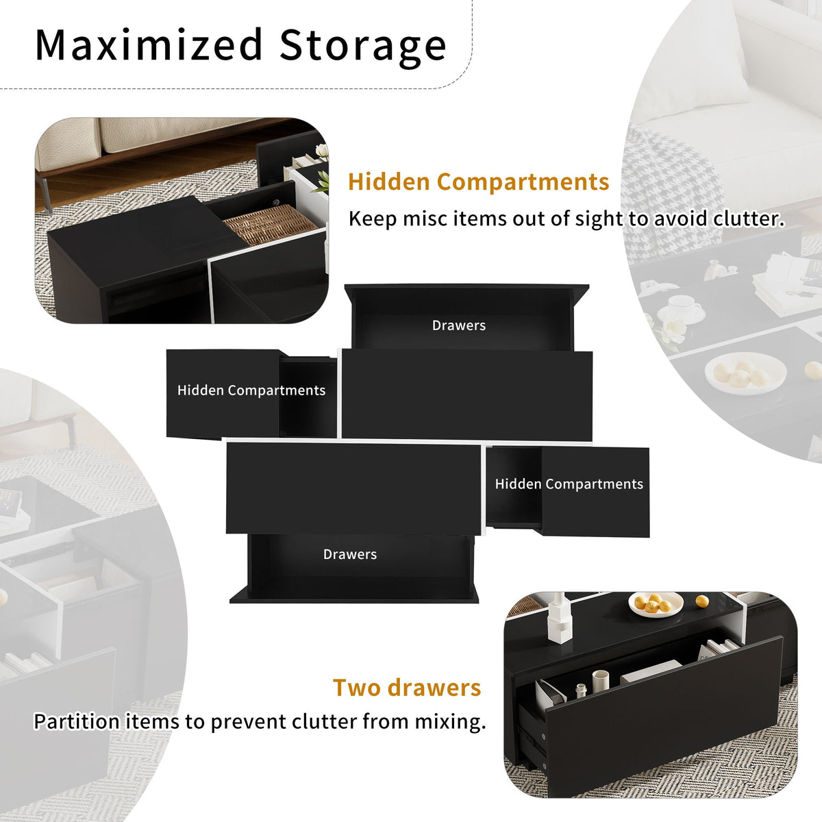 Extendable Coffee Table With 2 Hidden Storage Space And 2 Drawers For Living Room