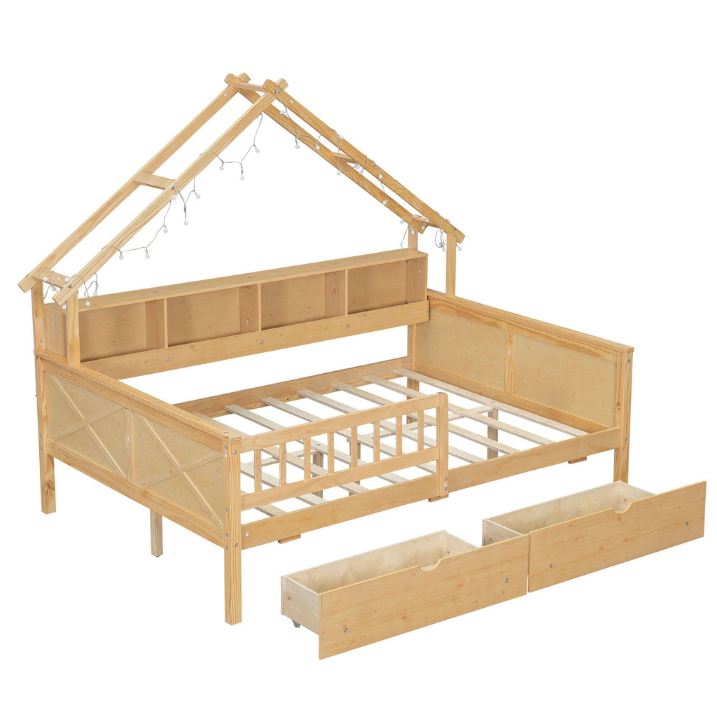 House Style Platform Bed With LED Lights, Storage Shelves, Drawers, And Guardrail