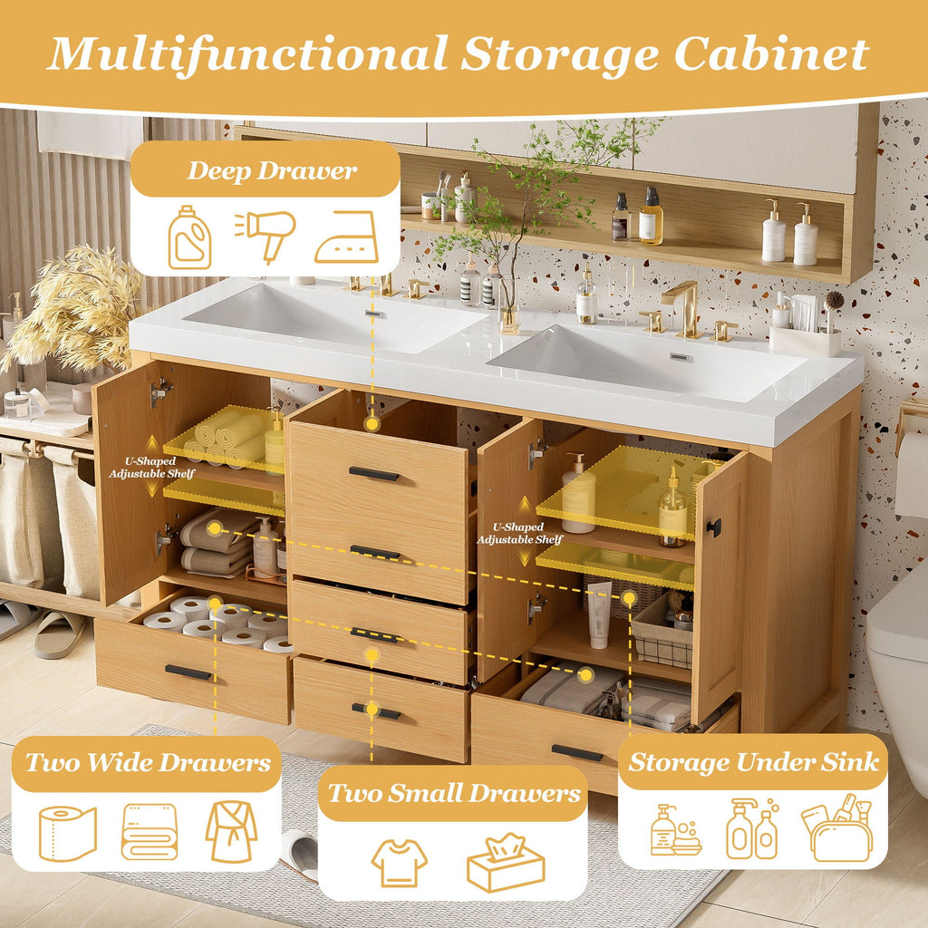 Bathroom Vanity With Double Sink, Soft Close Doors & Drawers Handles - Wood